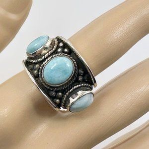 Larimar Ring, Unique Ring, Sterling Silver, Wide, Artisan, Handcrafted, 6 1/2